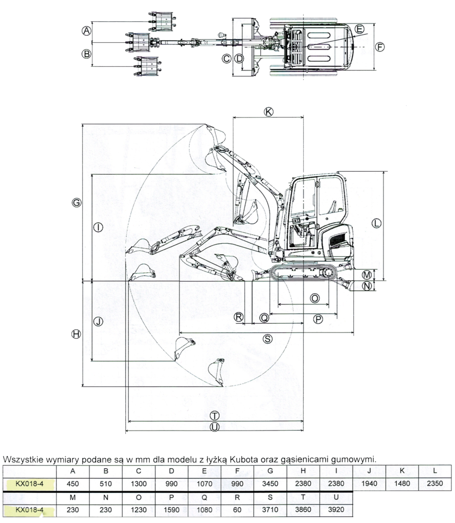 Wymiary minikoparki Kubota KX018-4