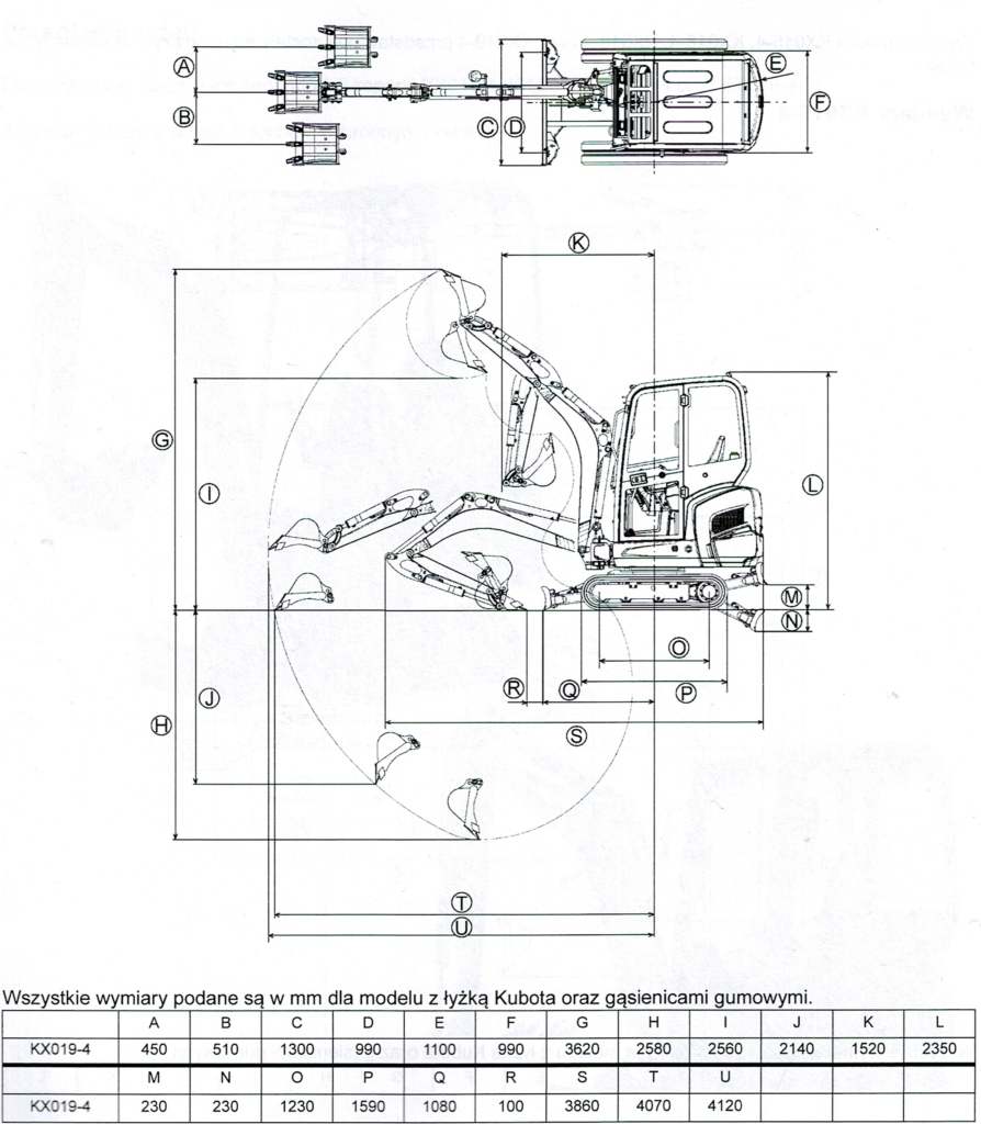 Wymiary minikoparki Kubota KX019-4